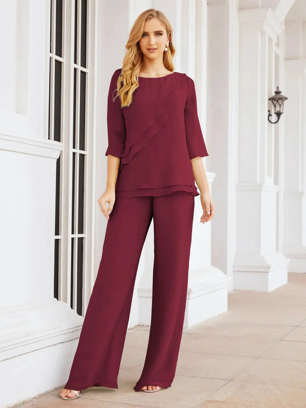 Sunnderly Elegant 2 Piece Mother of The Bride Dress Plus Size Pant Suits Ruffle Layers Sliver Housecoat SY28064 by numbersea