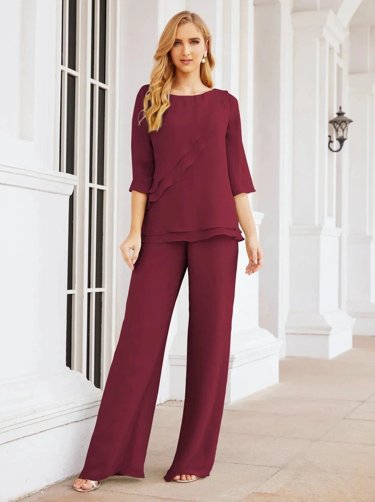 Sunnderly Elegant 2 Piece Mother of The Bride Dress Plus Size Pant Suits Ruffle Layers Sliver Housecoat SY28064 by numbersea