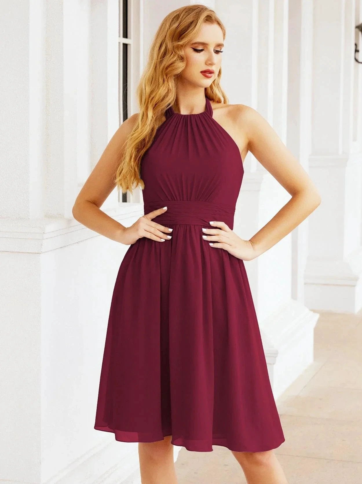 Numbersea Halter Chiffon Bridesmaid Dresses Short Sleeveless Formal Party Dress Open Back 28023 by numbersea