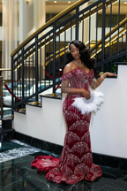 Luxury Glacial Silver Beaded Prom Dress – Crystal Fringe Mermaid Gown with Feather Accents | 2026 Couture Evening Collection (ZD17400)