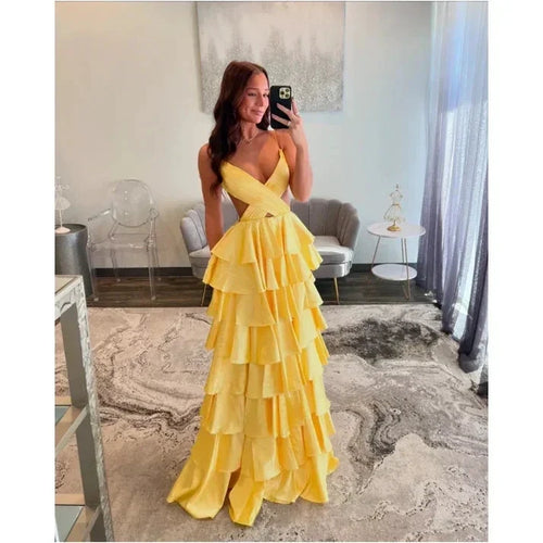 Customized Golden Emulation Silk Strapless Prom Dresses Backless vestidos de noche Floor-Length Sleeveless Formal Evening by Sunnderly