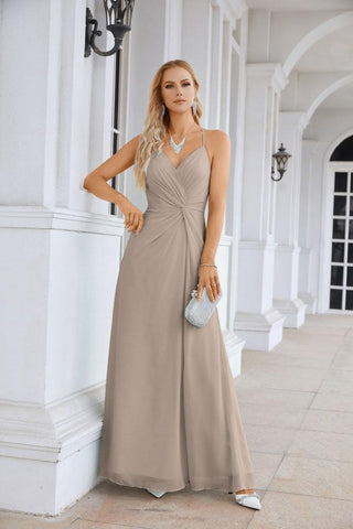 Ladies Chiffon Spaghetti Strap V Neck Front Slit Floor Length Bridesmaid Evening Dress Prom Party Wedding Evening Dress 28116