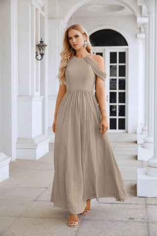 Ladies Chiffon Off Shoulder Swing Sleeve Front Slit Bridesmaid Evening Dress Wedding Party Evening Dress 28117