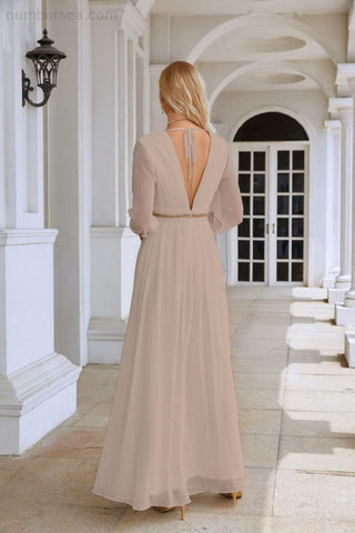 Ladies V Neck Chiffon Long Sleeve Front Slit Bridesmaid Evening Dress Wedding Party Shopping Evening Dress 28109