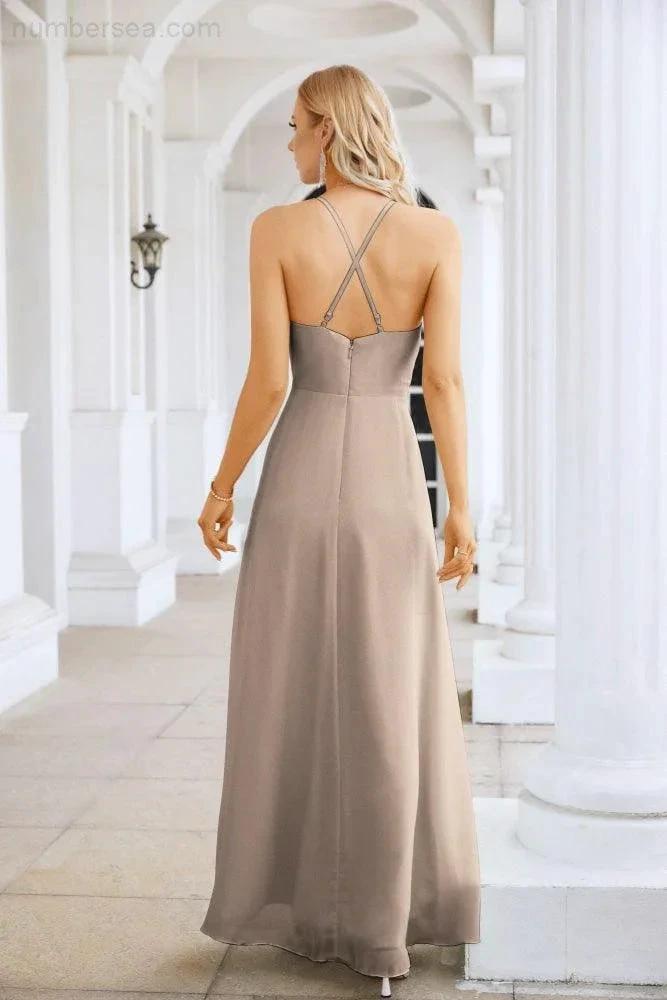 Ladies Chiffon Spaghetti Strap V Neck Front Slit Floor Length Bridesmaid Evening Dress Prom Party Wedding Evening Dress 28116 by numbersea