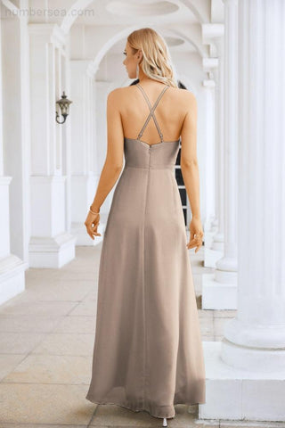Ladies Chiffon Spaghetti Strap V Neck Front Slit Floor Length Bridesmaid Evening Dress Prom Party Wedding Evening Dress 28116