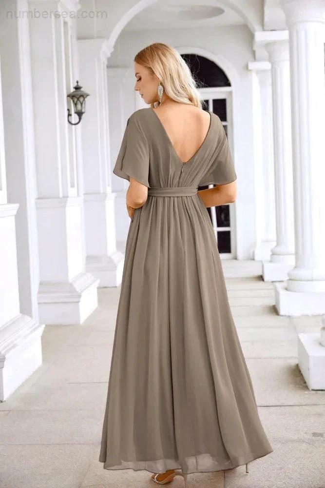 Ladies Chiffon Sleeve Crew Neck Front Slit Floor Length Bridesmaid Evening Dress Wedding Party Evening Dress 28124 by numbersea