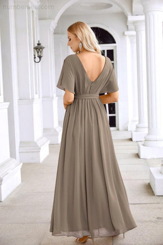 Ladies Chiffon Sleeve Crew Neck Front Slit Floor Length Bridesmaid Evening Dress Wedding Party Evening Dress 28124