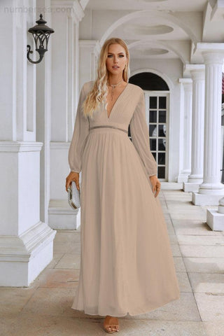 Ladies V Neck Chiffon Long Sleeve Front Slit Bridesmaid Evening Dress Wedding Party Shopping Evening Dress 28109