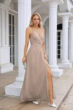 Ladies Chiffon Spaghetti Strap V Neck Front Slit Floor Length Bridesmaid Evening Dress Prom Party Wedding Evening Dress 28116 by numbersea