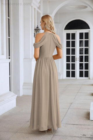 Ladies Chiffon Off Shoulder Swing Sleeve Front Slit Bridesmaid Evening Dress Wedding Party Evening Dress 28117