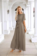 Ladies Chiffon Sleeve Crew Neck Front Slit Floor Length Bridesmaid Evening Dress Wedding Party Evening Dress 28124 by numbersea