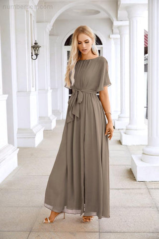 Ladies Chiffon Sleeve Crew Neck Front Slit Floor Length Bridesmaid Evening Dress Wedding Party Evening Dress 28124
