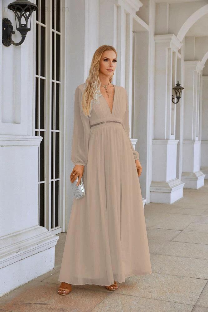 Ladies V Neck Chiffon Long Sleeve Front Slit Bridesmaid Evening Dress Wedding Party Shopping Evening Dress 28109 by numbersea