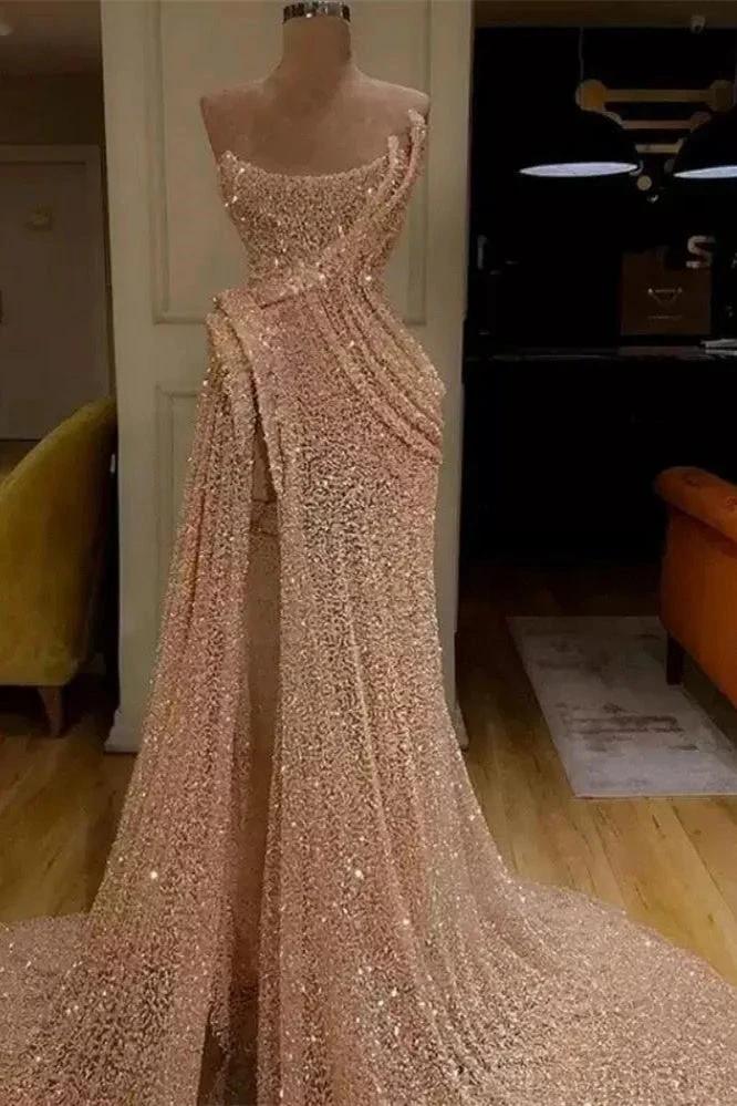 Gorgeous Sequin Split Strapless Mermaid Long Prom Dress by BIZTUNNEL