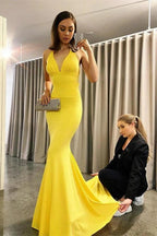 Yellow Long V-neck Backless Mermaid Evening Prom Dress by BIZTUNNEL