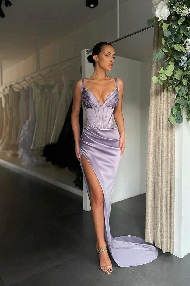 Spaghetti Straps Sleeveless V-Neck Split Prom Dress by BIZTUNNEL