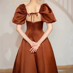 Coffee satin prom dress long Short puffy sleeve ball gown Square neck Fairy formal dress Y4962 by simplepromdress