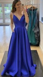 A-line V Neck Royal Blue Satin Evening Dress Graduation Dress Y433 by simplepromdress