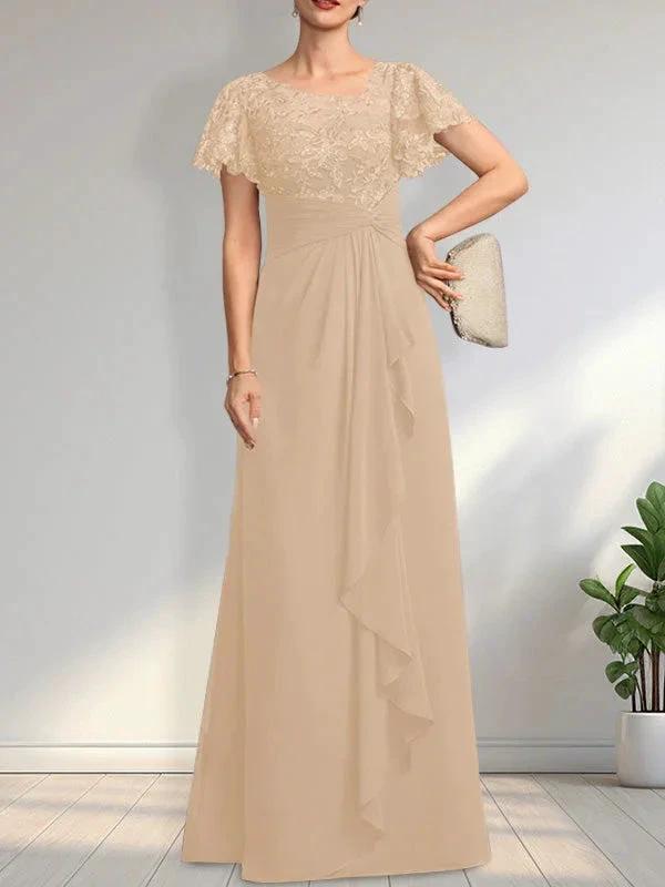 A-line Asymmetrical Illusion Floor-Length Lace Chiffon Mother of the Bride Dress With Cascading Ruffles Sequins by Dreamylily