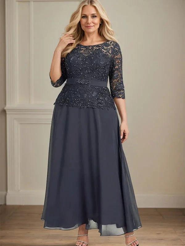 A-line Scoop Illusion Ankle-Length Chiffon Lace Mother of the Bride Dress With Rhinestone Beading by Dreamylily