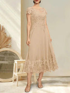 A-line Illusion Scoop Tea-Length Lace Chiffon Mother of the Bride Dress With Sequins by Dreamylily