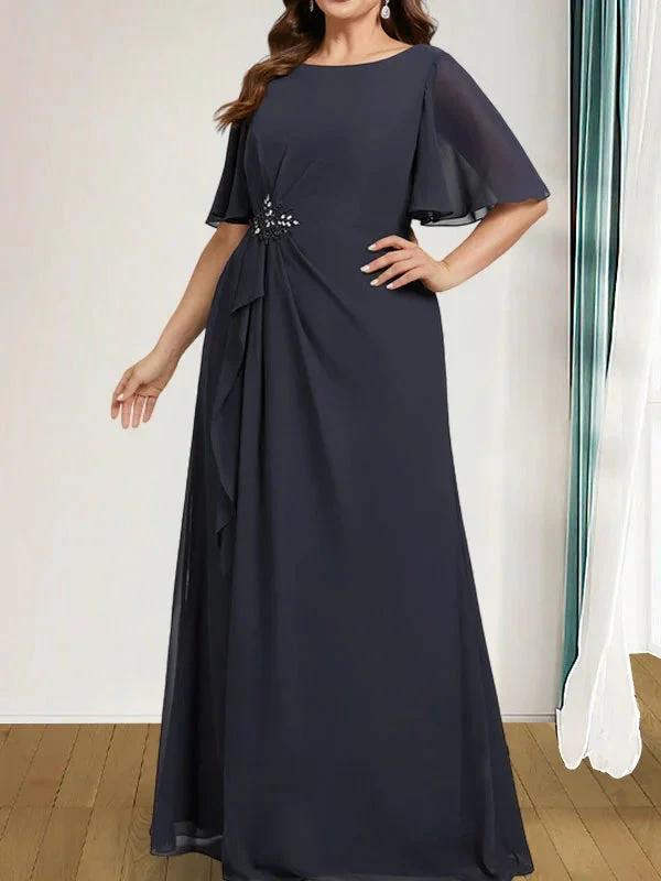 A-line Scoop Floor-Length Chiffon Mother of the Bride Dress With Cascading Ruffles Beading Sequins by Dreamylily
