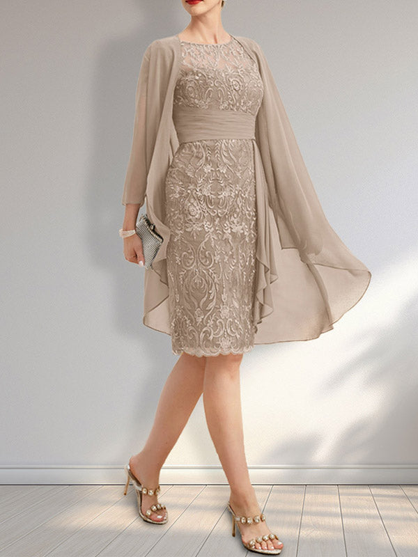 Sheath Scoop Illusion Knee-Length Lace Chiffon Mother of the Bride Dress With Cascading Ruffles Sequins