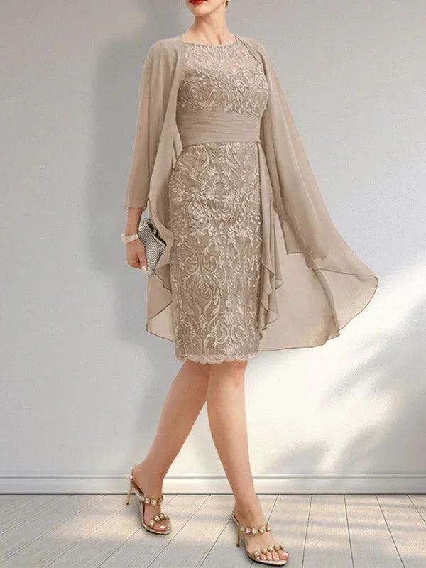 Sheath Scoop Illusion Knee-Length Lace Chiffon Mother of the Bride Dress With Cascading Ruffles Sequins by Dreamylily