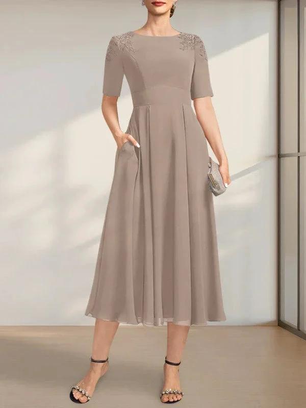 A-line Scoop Tea-Length Chiffon Mother of the Bride Dress With Appliques Lace Sequins by Dreamylily