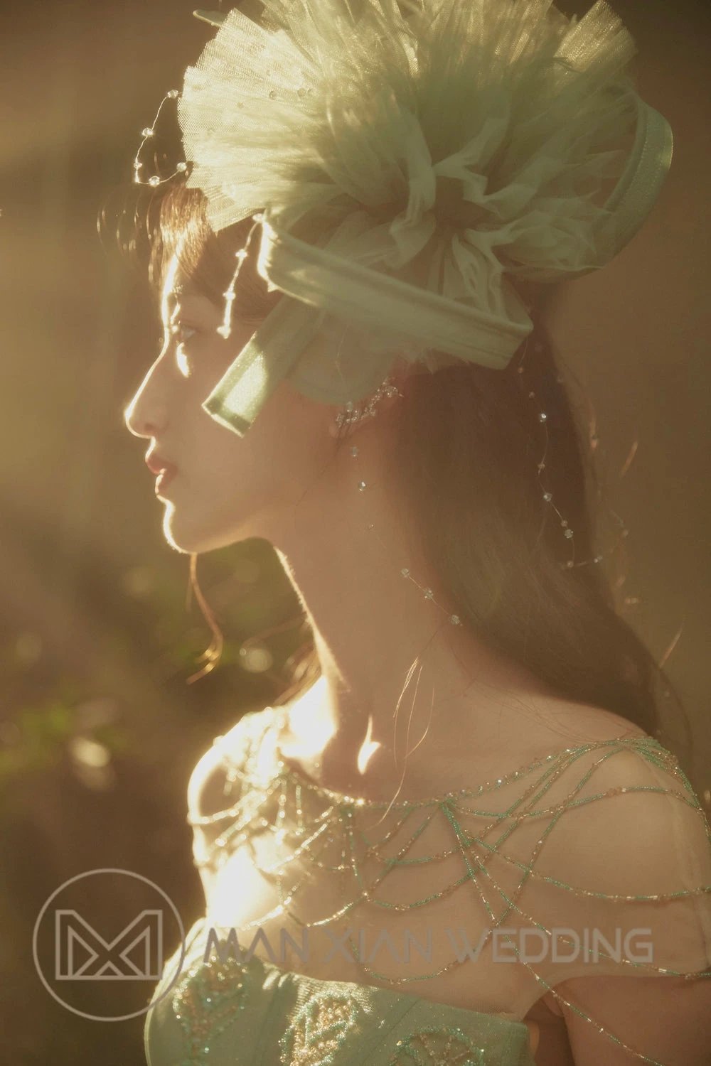 Ethereal Mint Green Tulle Ball Gown with Illusion Chain Shoulders & Tiered Ruffled Skirt by ZAPDRESS