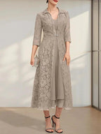 A-line V-Neck Tea-Length Chiffon Mother of the Bride Dress by Dreamylily