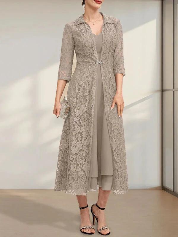 A-line V-Neck Tea-Length Chiffon Mother of the Bride Dress by Dreamylily