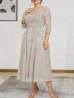 A-line Scoop Illusion Tea-Length Chiffon Lace Mother of the Bride Dress With Beading Sequins by Dreamylily