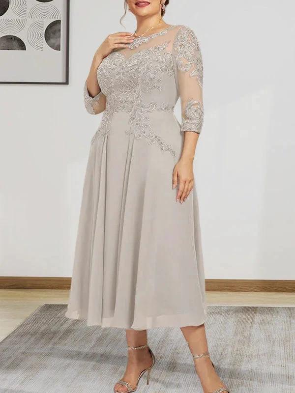 A-line Scoop Illusion Tea-Length Chiffon Lace Mother of the Bride Dress With Beading Sequins by Dreamylily