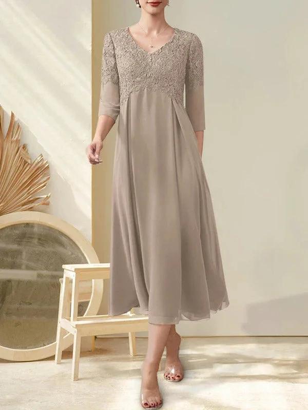A-line V-Neck Tea-Length Chiffon Lace Mother of the Bride Dress With Beading by Dreamylily