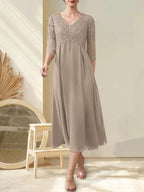 A-line V-Neck Tea-Length Chiffon Lace Mother of the Bride Dress With Beading by Dreamylily