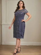 Sheath/Column Scoop Illusion Knee-Length Lace Chiffon Mother of the Bride Dress With Cascading Ruffles Sequins by Dreamylily