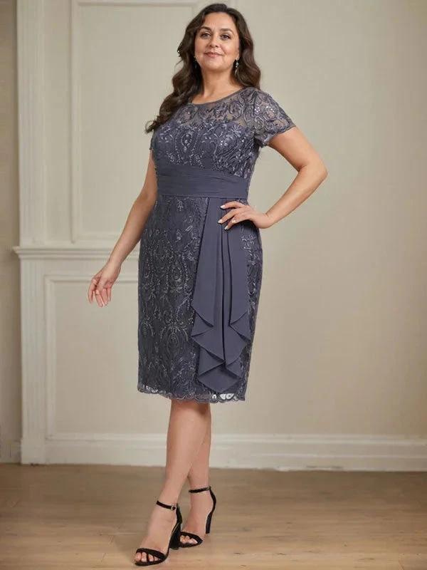 Sheath/Column Scoop Illusion Knee-Length Lace Chiffon Mother of the Bride Dress With Cascading Ruffles Sequins by Dreamylily