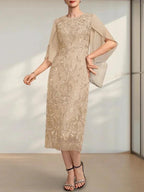 Sheath/Column Scoop Tea-Length Lace Chiffon Mother of the Bride Dress by Dreamylily