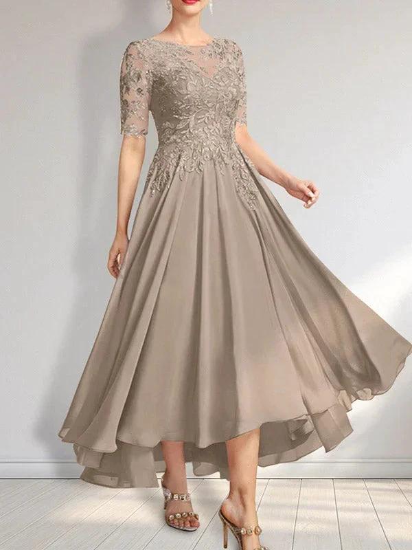 A-line Scoop Illusion Asymmetrical Chiffon Lace Mother of the Bride Dress With Sequins by Dreamylily