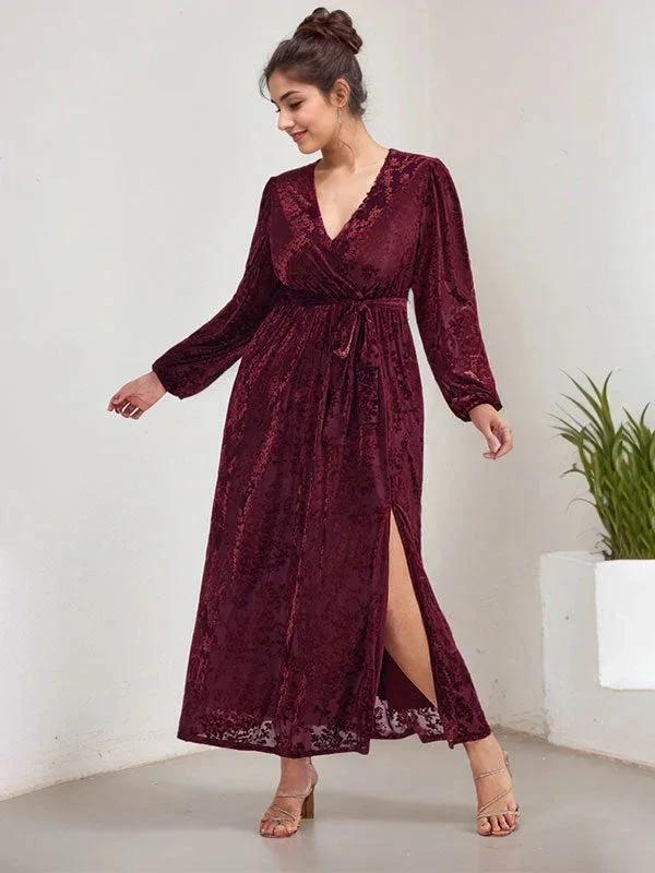 A-Line V-Neck Long Sleeves Velvet Tea-Length Mother of the Bride Dress With Split by Dreamylily