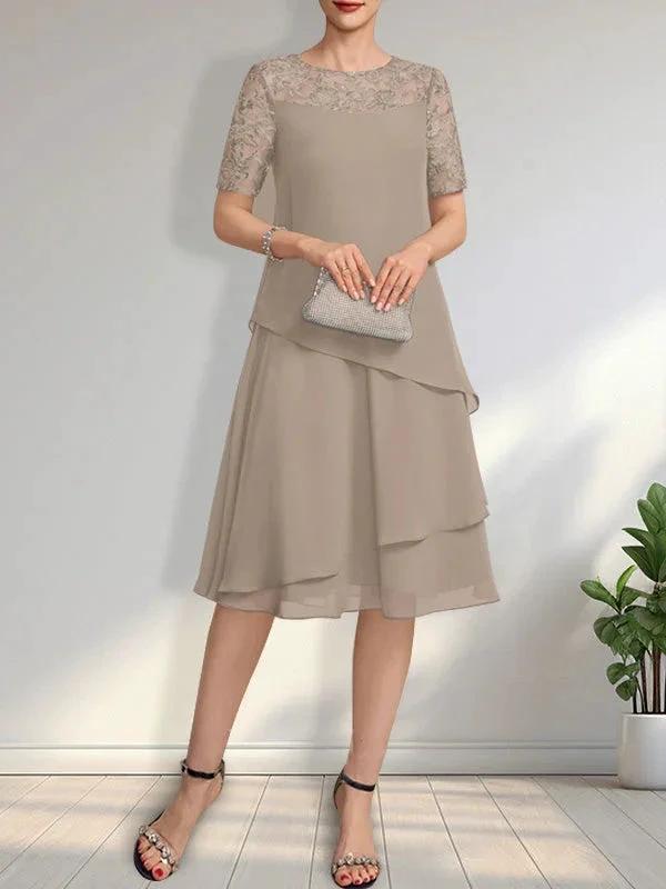 A-line Scoop Illusion Knee-Length Lace Chiffon Mother of the Bride Dress With Sequins by Dreamylily