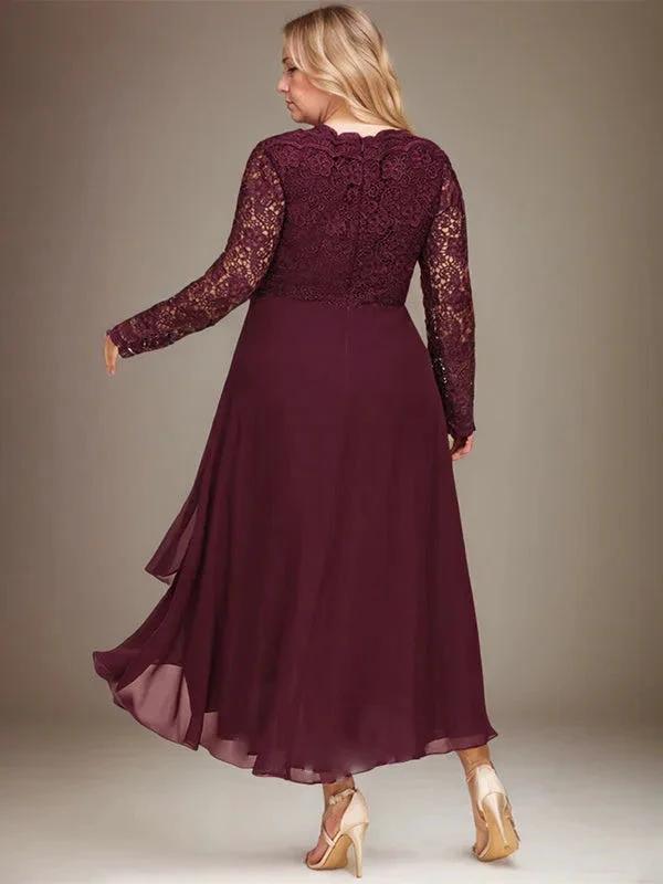 A-line V-Neck Asymmetrical Lace Chiffon Mother of the Bride Dress by Dreamylily