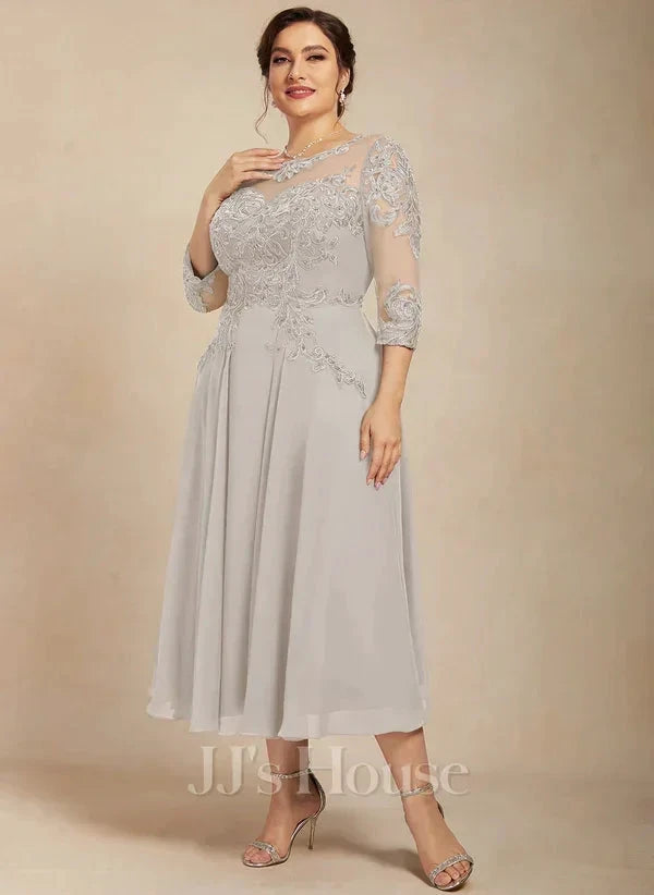 A-line Scoop Illusion Tea-Length Chiffon Lace Mother of the Bride Dress With Beading Sequins by Dreamylily