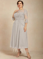 A-line Scoop Illusion Tea-Length Chiffon Lace Mother of the Bride Dress With Beading Sequins by Dreamylily