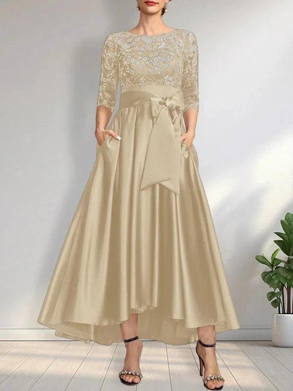 A-line Scoop Illusion Asymmetrical Satin Lace Mother of the Bride Dress With Bow by Dreamylily