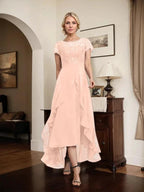 A-line Scoop Illusion Asymmetrical Chiffon Lace Mother of the Bride Dress With Bow Ruffle Sequins by Dreamylily