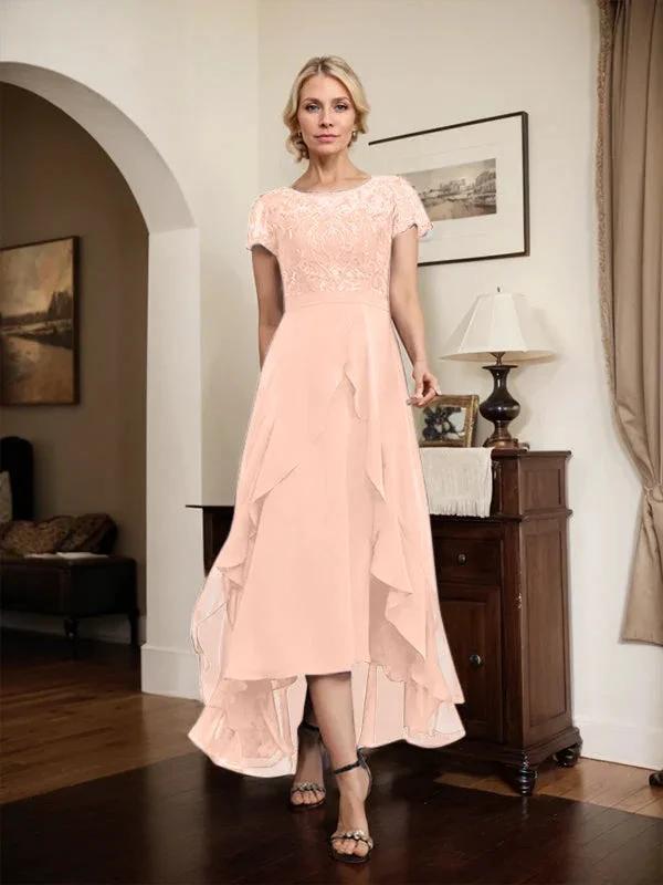 A-line Scoop Illusion Asymmetrical Chiffon Lace Mother of the Bride Dress With Bow Ruffle Sequins by Dreamylily