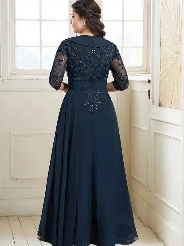 A-line Collared V-Neck Floor-Length Lace Chiffon Mother of the Bride Dress With Sequins Cascading Ruffles by Dreamylily